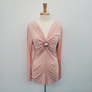 Karen Kane Womens Pink Long Sleeve Embellished Ruched Top Blouse Size XL V-Neck